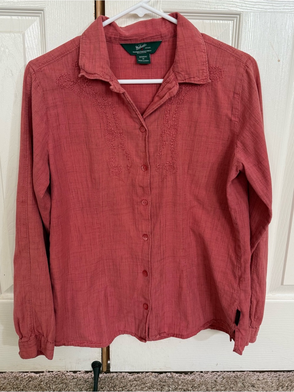 Woolrich Women’s Medium Coral Embroidered Cotton Button Down Shirt